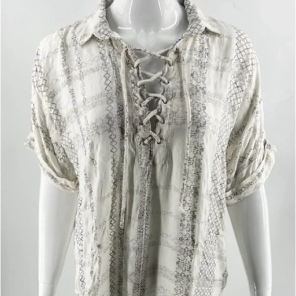 Daytrip Lace-Up V-Neck Peasant Top in Cream - Picture 1 of 4